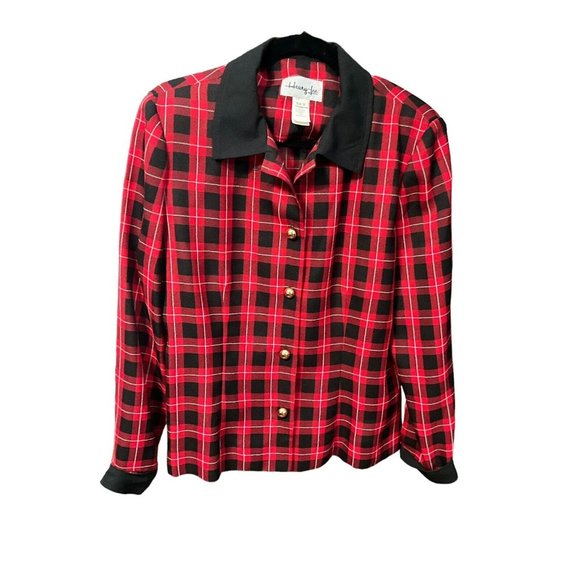 Henry Lee Womens Button Front Shirt Red Black Plaid Cuff Sleeve Stretch Sz 12 - Picture 1 of 8